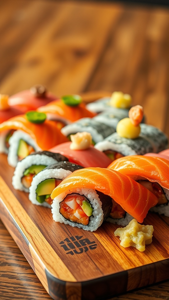 Colorful sushi rolls on a wooden platter with wasabi and ginger, ready for Instagram.